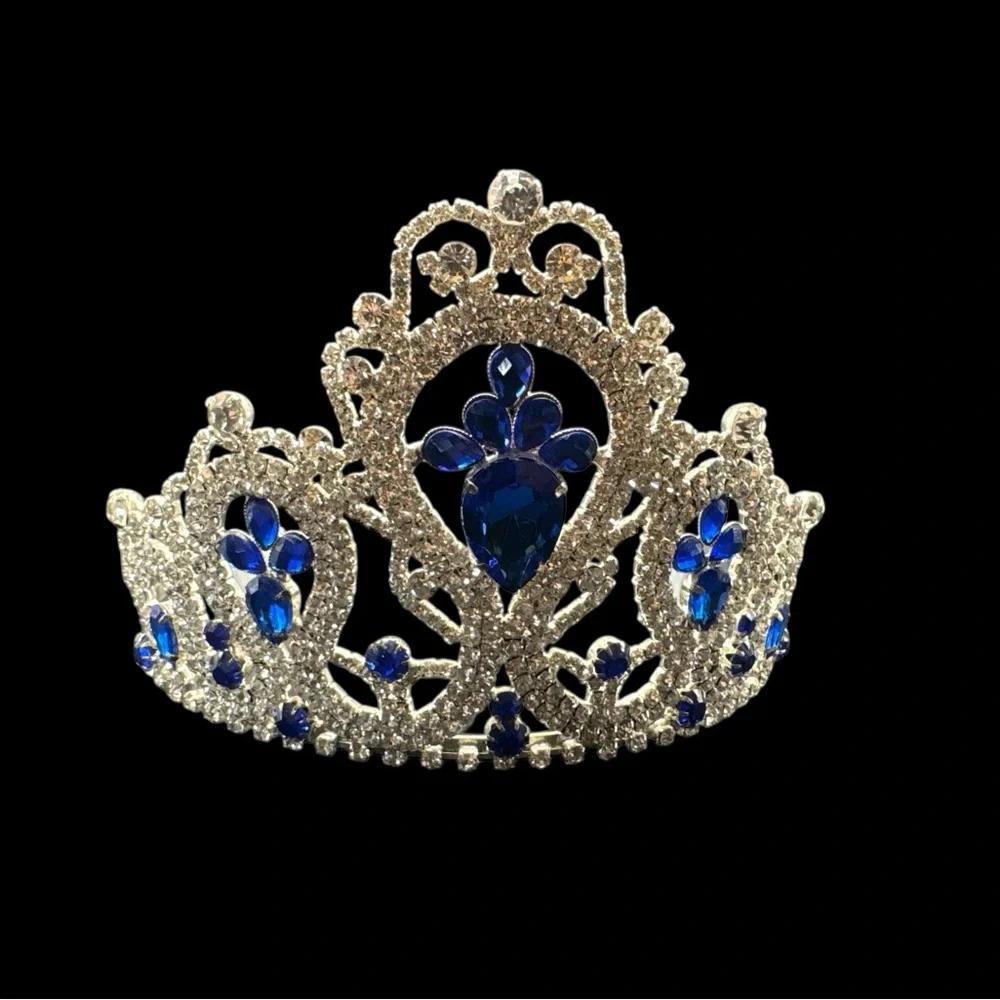 Vintage Blue Rhinestone Crown Tiara Prong Set Rhinestone Crown Prom Bridal - Picture 3 of 4